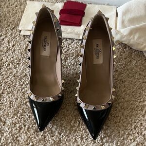 Classic Valentino Black Patent Leather Heels with Gold Studs